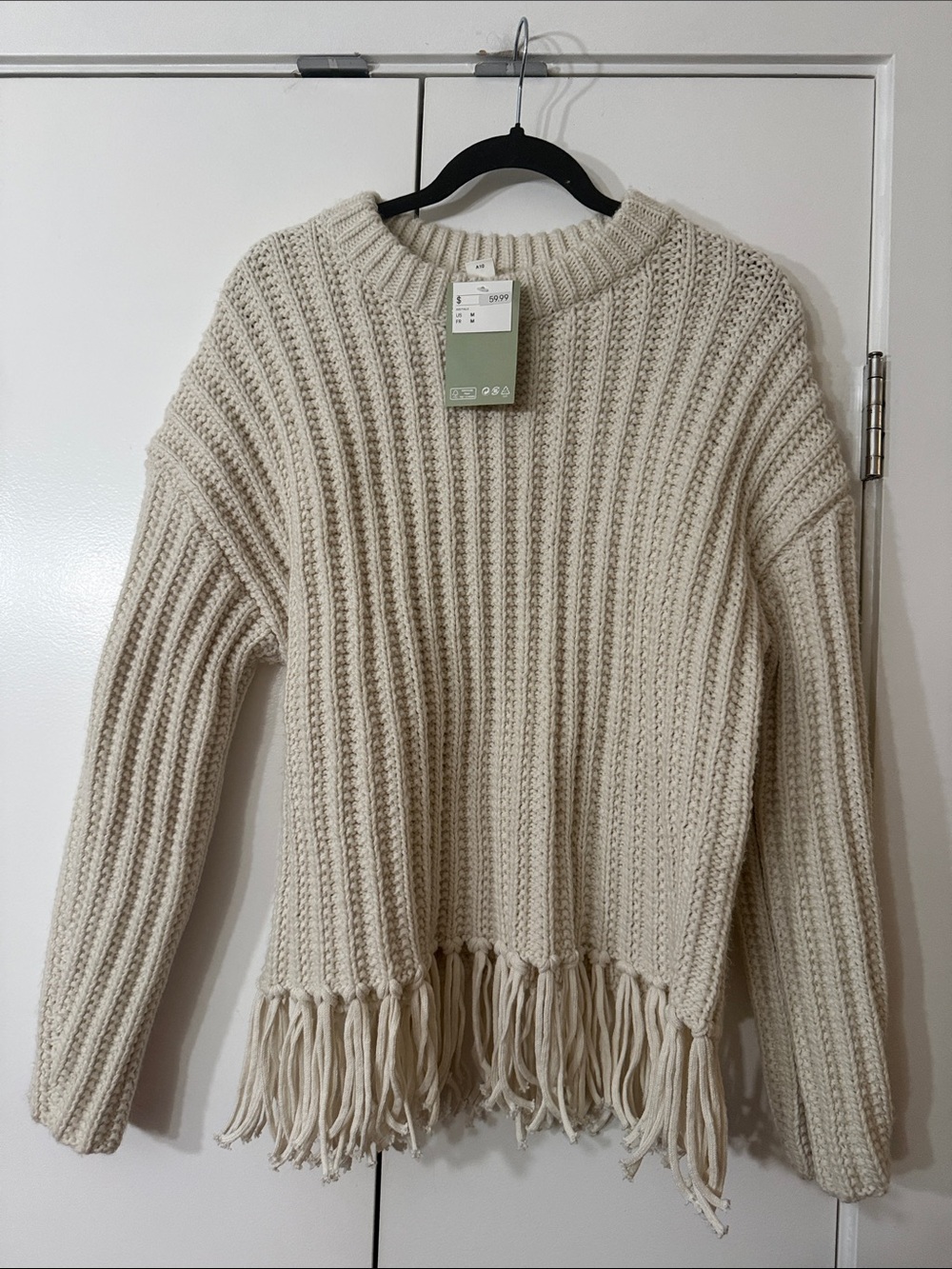 H&M Cream Ribbed Fringe Hem Crew Sweater